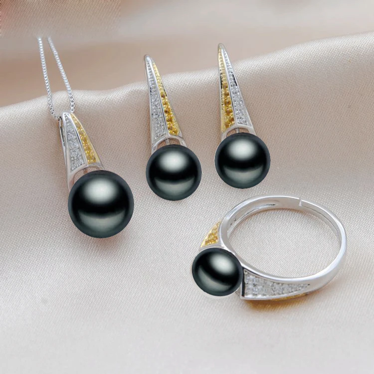 Black pearls MeiBaPJ Настоящее серебро 925 проба Простой Модный Ювелирный Набор натуральный коврик жемчужный кулон кольцо серьги Свадебные украшения для женщин - Окраска металла: Black pearls