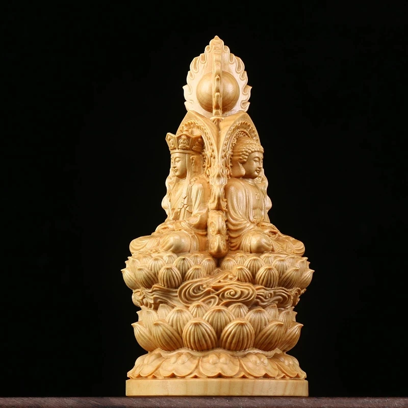 

Boxwood 15cm Three Buddha Sculpture Shakyamuni Guanyin Ksitigarbha Wood Statue Guan Yin Worship Home Decor