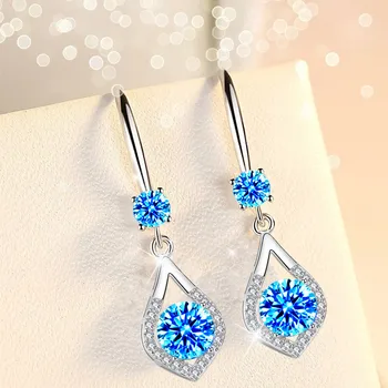 

925 Sterling Silver Long Earrings Blue Crystal Earring For Women Female Silver Jewelry New 2020 Oorbellen