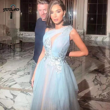 

Elegant Wedding dresses woman One Shoulder Appliques V-Neck Fashion Mesh Floor-Length Sky Blue sexy party night vestido