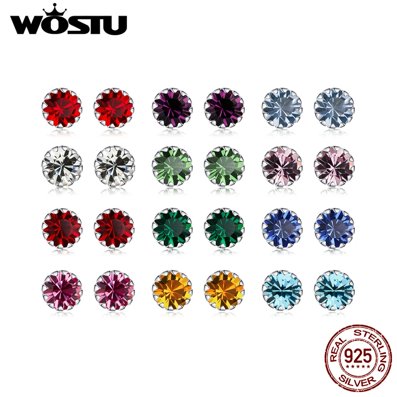WOSTU 100% 925 Sterling Silver 12 Color Birthstone Small Stud Earrings For Women Wedding Tiny Zircon Jewelry DXE862 | Украшения и