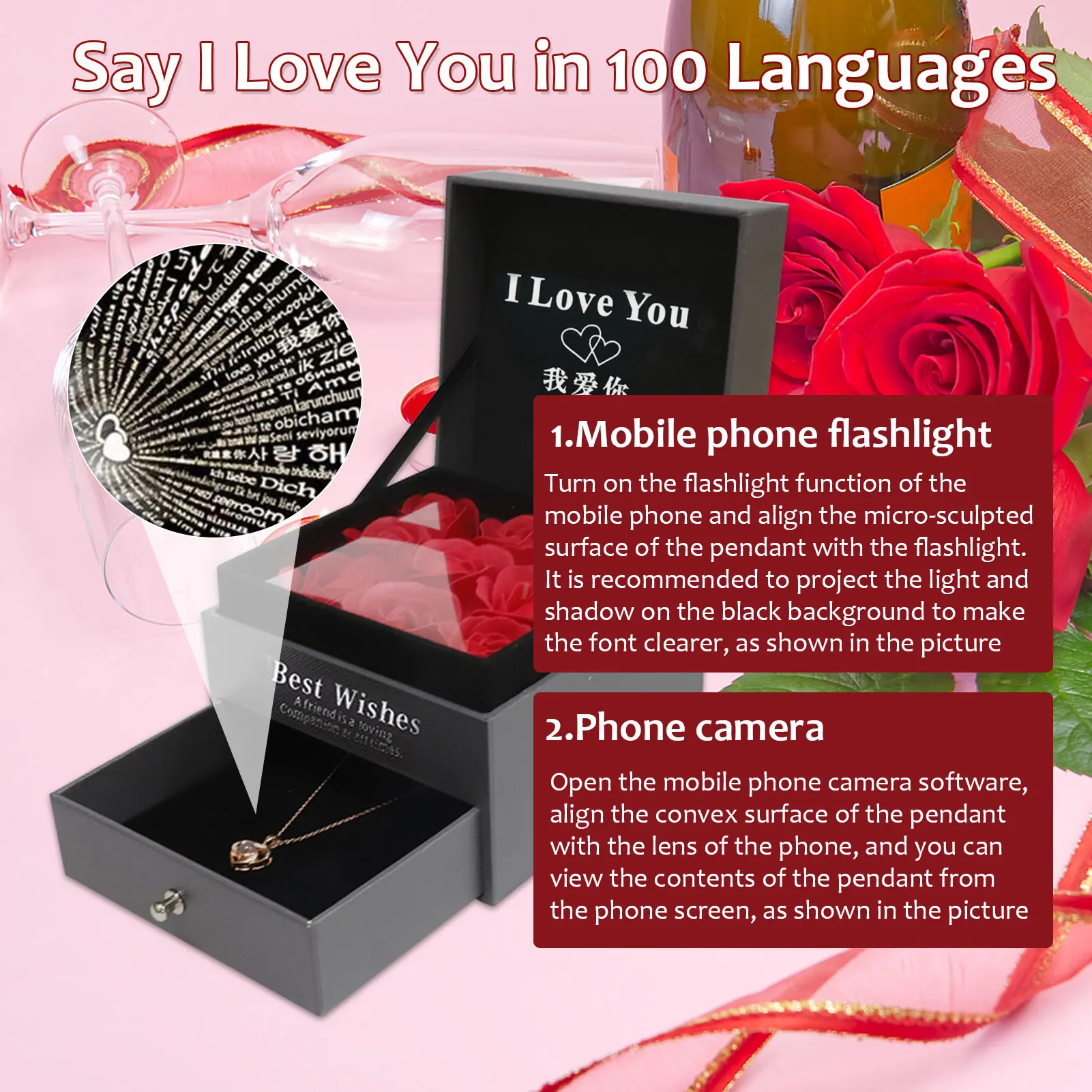 Preserved Real Rose with I Love You Necklace, 100 Languages