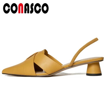 

CONASCO Genuine Leather Women Pointed Toe Sandals Fashion Concise Fretwork Shoes New Casual High Heels High Quality Shoes Woman