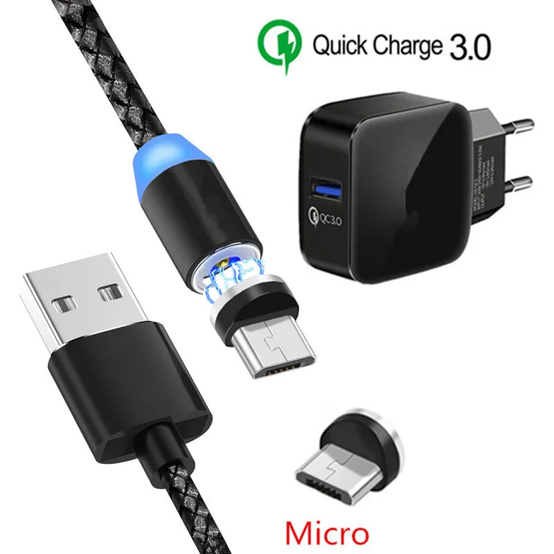 Магнитный Micro USB кабель для зарядки QC 3,0 быстрое зарядное устройство для samsung A10 S4 J6 A6 A7 Xiaomi 7A Redmi 6A 4X6 Note 5 Realme 3 Pro - Тип штекера: EU charger and cable