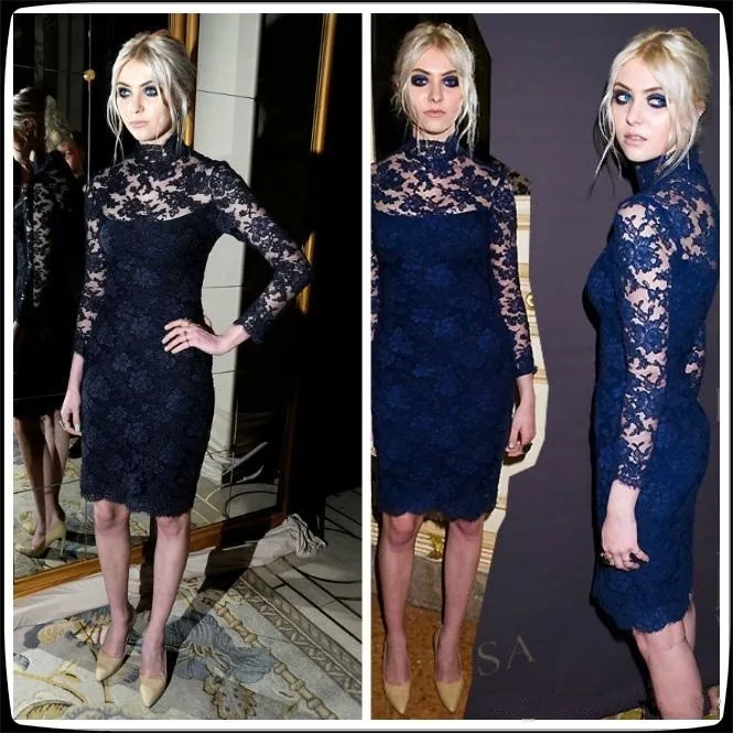 

2018 robe de soiree Navy Blue High Neck Sheath Long Sleeves Lace Knee-Length Evening Prom gown short mother of the bride dresses