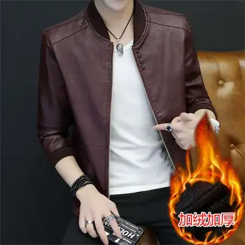 

OLOEY 2019 New Men's Baseball Collar Solid Color Slim Casual Leather Jacket Simple Motorcycle Leather Jacket Men Dropshipping
