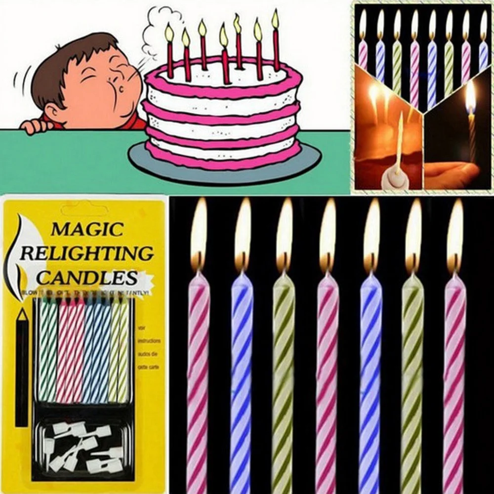 

24pcs Magic Colorful Birthday Cake Relighting Candle Thread Blowing Funny Tricky Toy Birthday Eternal Blowing Candles