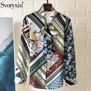 

Svoryxiu Elegant Flower Print Silk Blouse Shirts Women's Long Sleeve Bow Collar Loose Designer Summer Ladies Tops 2020