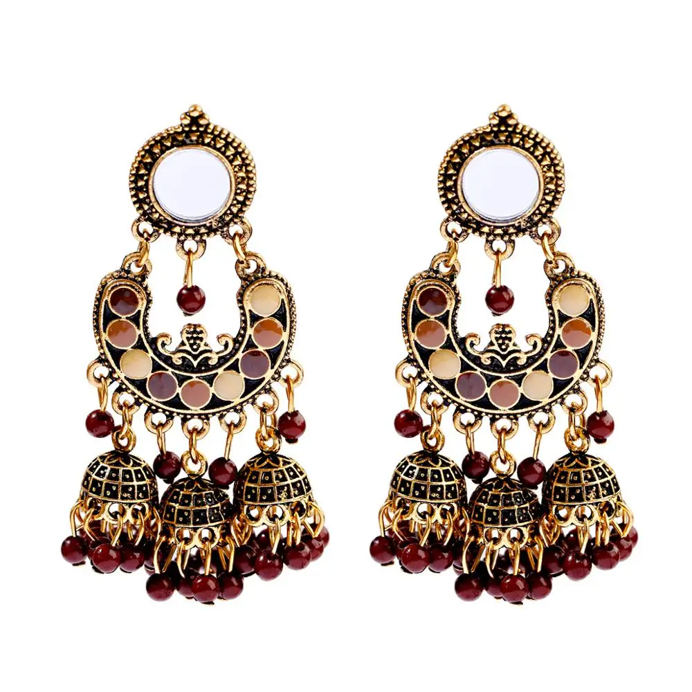 EY020-4 OIQUEI, женские винтажные этнические индийские ювелирные изделия Jhumka, большой колокольчик, Разноцветные серьги-кисточки с бусинами античный этнический Висячие Серьги Brincos - Окраска металла: EY020-4