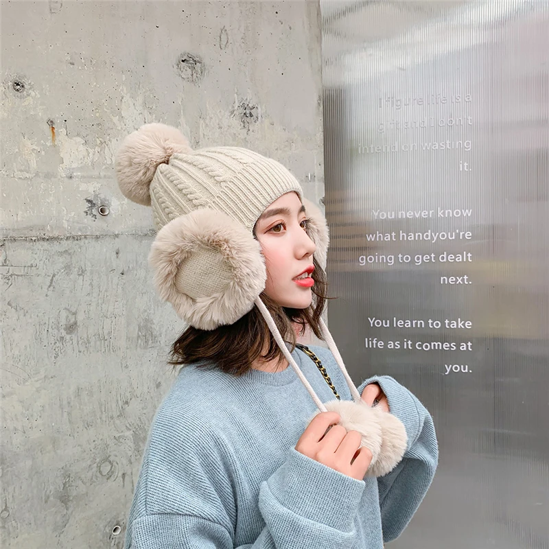 Hirigin, утолщенная Лыжная зимняя шапка для девочек, новая модная меховая шапка с помпонами, зимняя женская Шапка-бини, женская вязаная шапка