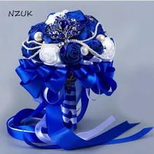 Кристалл Королевский Синий Атлас Роскошные бисером свадебные цветы букет невесты с цветами Лента Стразы Жемчуг SPH051