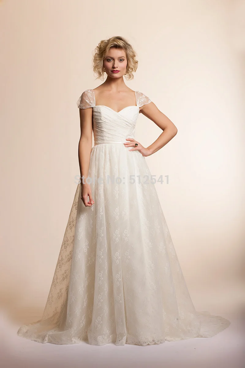 

Cap Sleeves Lace Wedding Dresses A Line Sweetheart Pleats Zipper Back Applique Sweep Train 2019 Bridal Gowns vestido de noiva