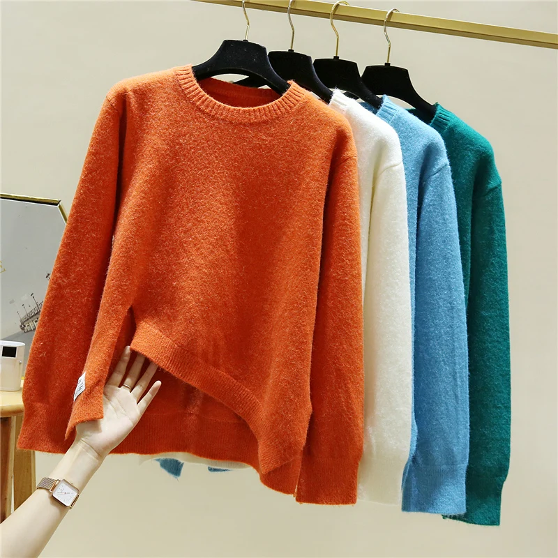 

Turtleneck round neck loose soft knitted irregular split sweater