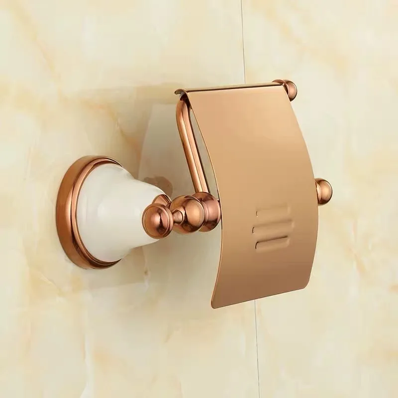 

European style rose gold toilet paper holder polished copper/brass jade base bathroom organizer shelf punched