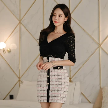 

2020 Spring fashion Korean Sexy Plaid Slim Fit Hip Dress