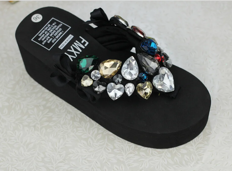 2019 Summer New Luxury Crystal Slippers Bow Womens Cheap Black Platform High Heels Comfortable Flip Flops Shoes Discount58