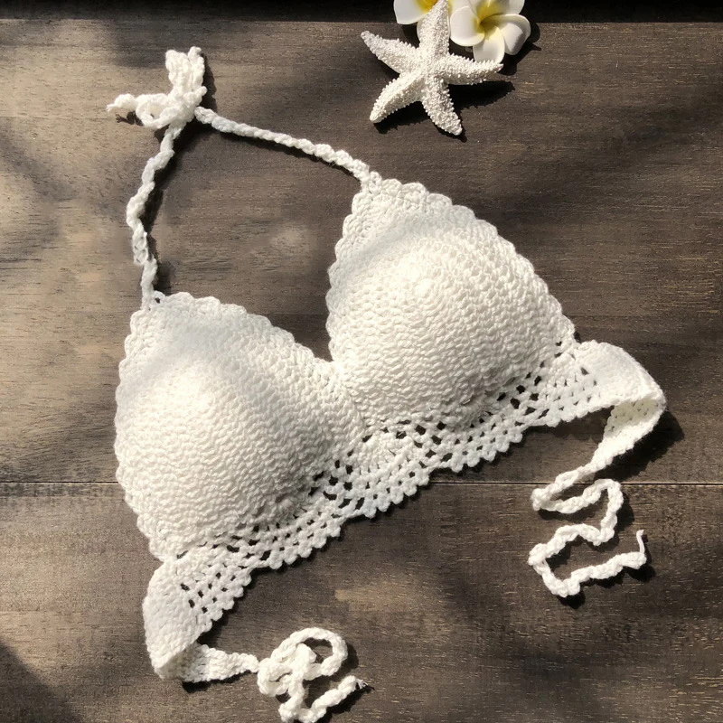 Пляжный удобный Холтер Женский повседневный летний топ из смесового хлопка бикини ручной вязки пляжная одежда