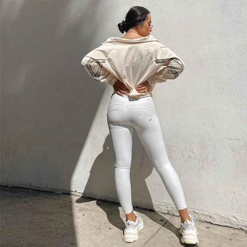 White leather pants autumn and winter PU leather mid-waist women's sexy  pants ladies cotton fleece lining leggings