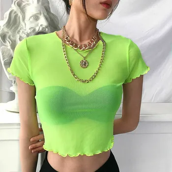 

Summer Mesh Sheer Slim Tshirt Women Sexy Solid Shiny Transparent Cropped Tops Casual Short Sleeve O Neck Short T-Shirt Tees