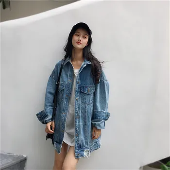 

Korean Loose Wash Vintage Hole Blue Denim Jacket Female 2020 spring New Long sleeve Single-breasted Women Student Jeans Jacket