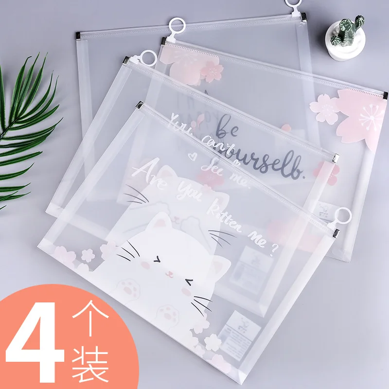 

4 PCs A4 Transparent Zippered File Bag Hipster Test Paper File Bag Large Capacity Waterproof Book Bag Middle School Students for