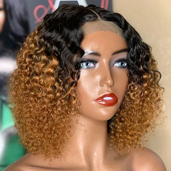

Ombre Short Bob Kinky Curly 150Density Human Hair Wigs Dark Root Blonde 13x6 Deep Part Lace Front Bob Wigs for Black Women