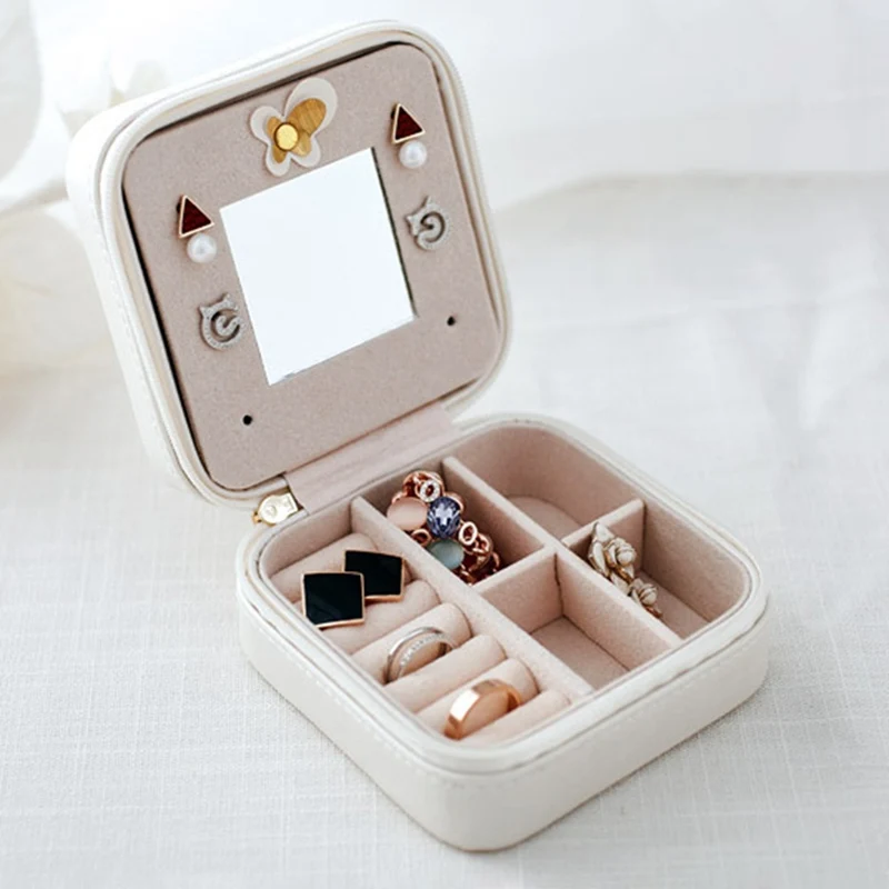 

Multi-Functional PU Leather Jewelry Box For Women Necklace Ring Earrings Portable Storage Box Case Display With Mirror