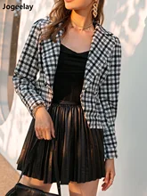 Women's Houndstooth Long Sleeve Lapel Collar Double Breasted Blazer Jacket Black Blazer Ladies Tops