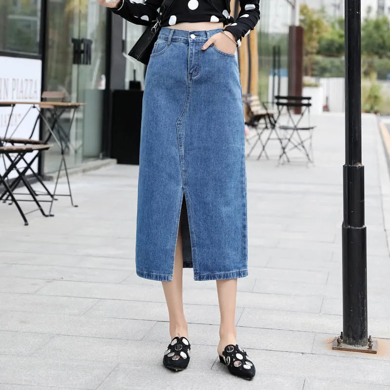 

New Style Europe And America High-waisted Large Size Cowboy A- line Skirt Elastic Waist Slit Mid-length Skirt