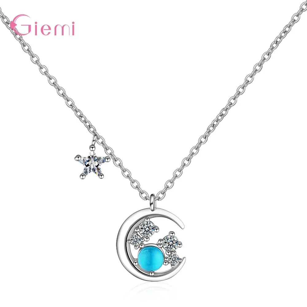 

S925 стерлингового серебра трендовые женские ювелирные изделия амулеты сверкающий Синий Кристалл блестящие милые подвеска Звезда Луна цепь ожерелье для женщин