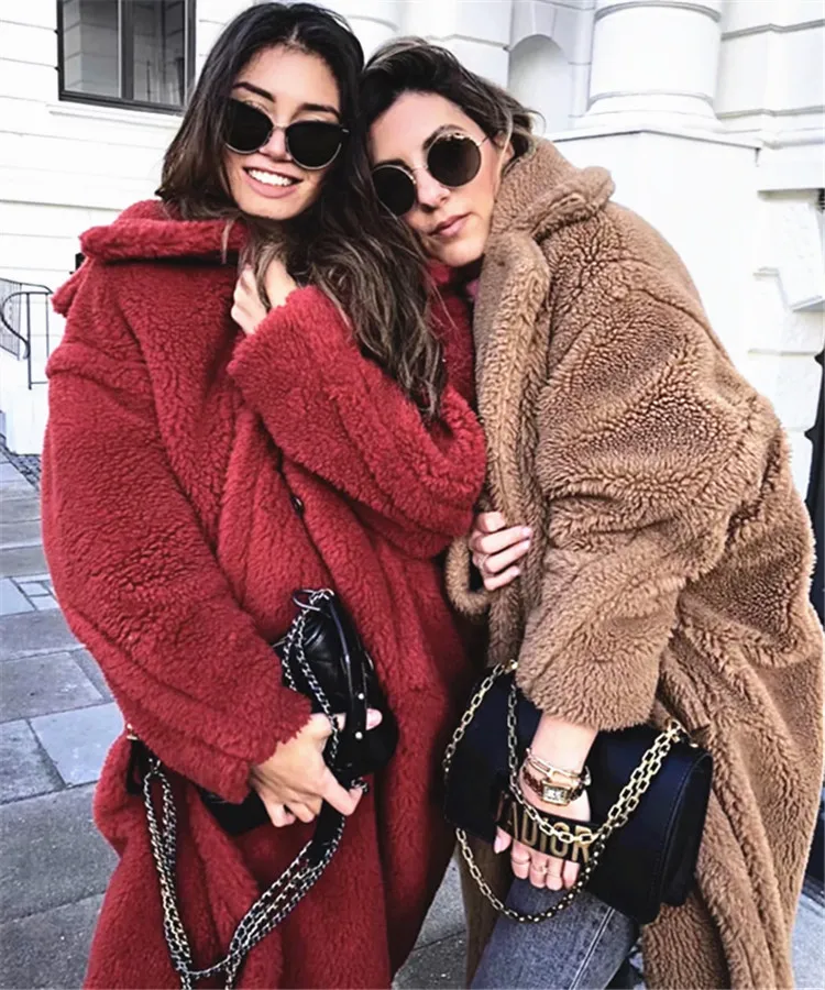 

2019 New Women Teddy Coat Long Sleeve Turn Down Collar Fleece Warm Female Coat Button Pockets Ladies Winter Overcoat WWM1741