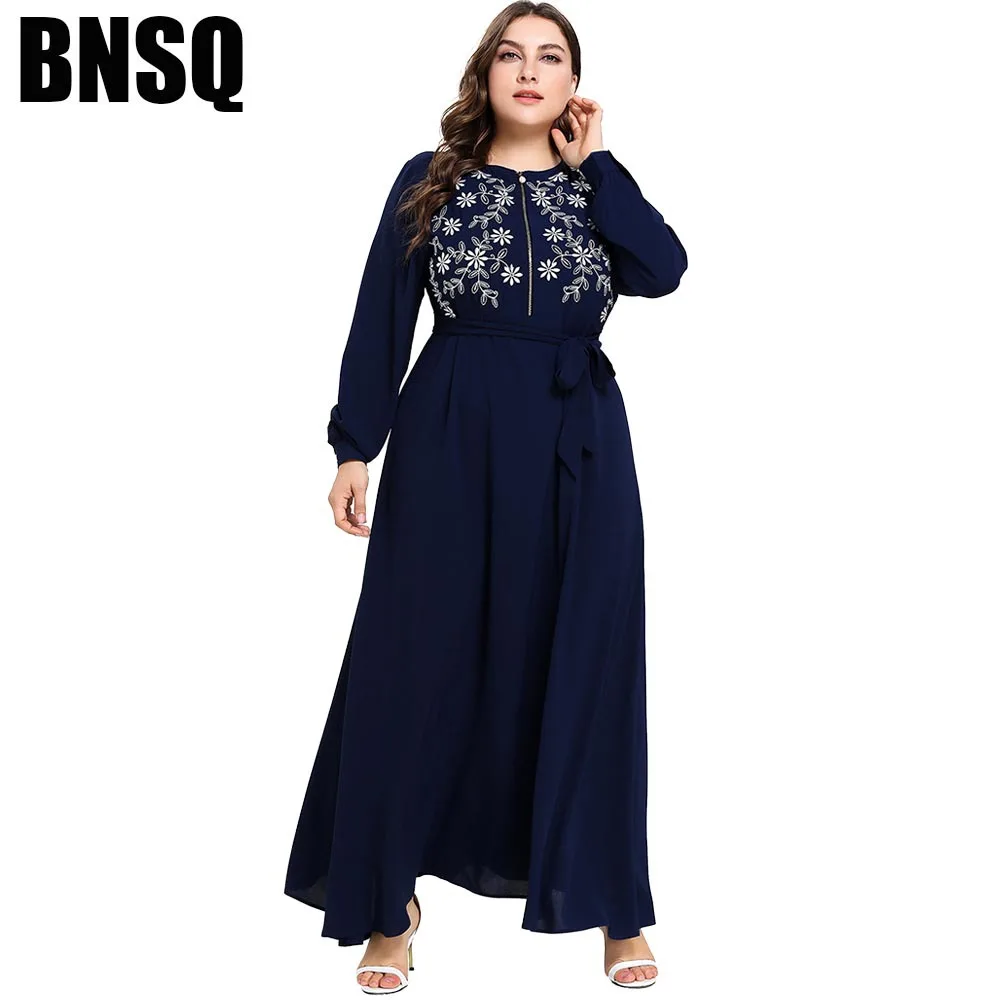 

7557 Large Size Dress Long Sleeve Single-Row Open Front Zipper Placket Nursing Dress Embroidery Long Skirts