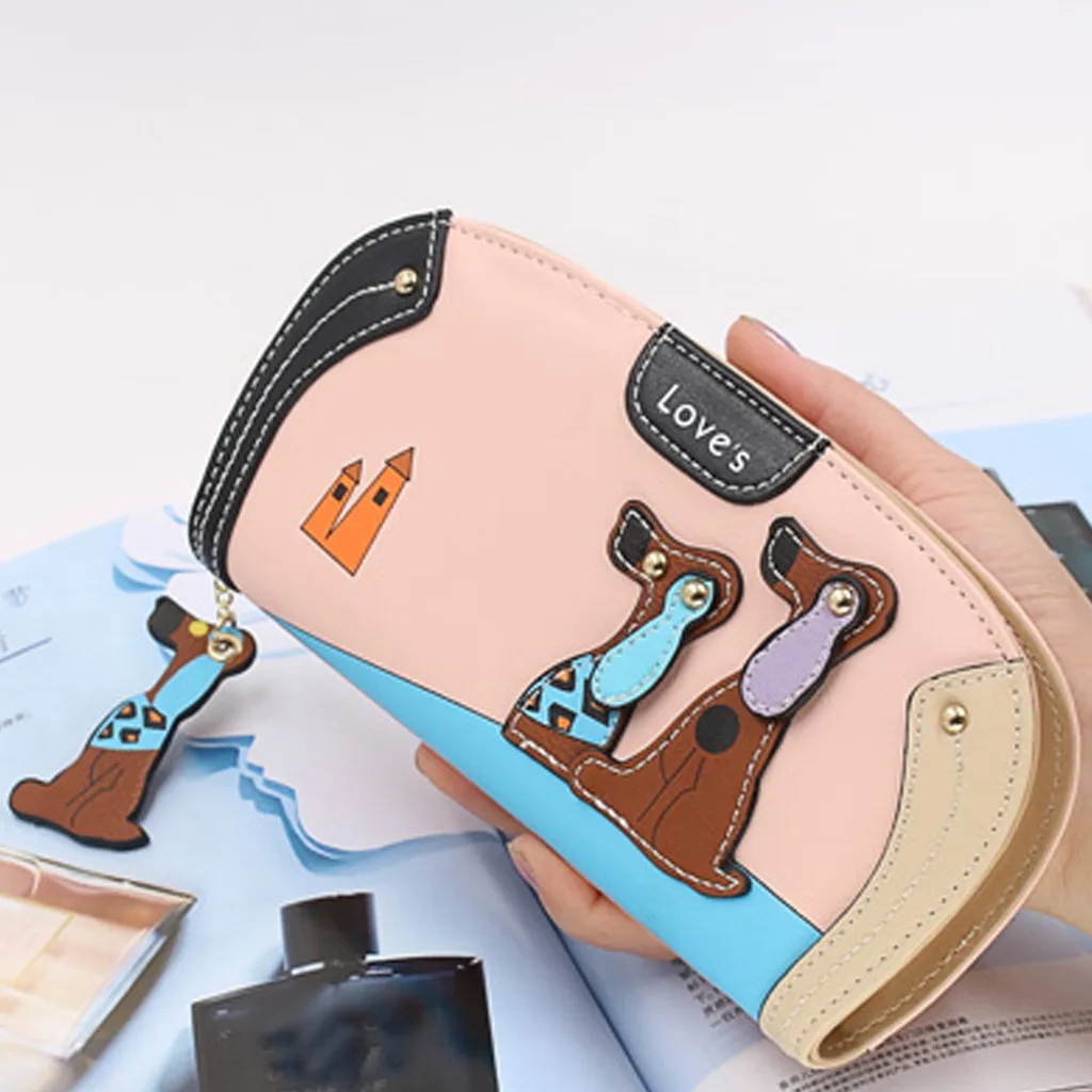 

Women ashion long student card wallet multi-function collapsible purse cartoon image puppy pendant decoration