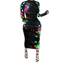 Robe Midi à imprimé Graffiti, manches longues, gaine, longueur cheville, tenue de soirée élégante, automne 2021, S 4XL