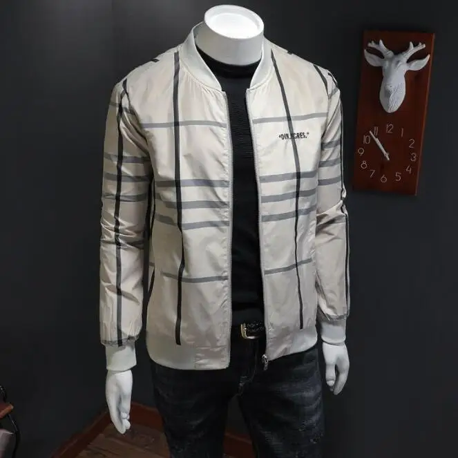 Casual Mens Outfit One Piece Striped Jacket Handsome Coat Zipper Plus Size Plaid Baseball Uniform
