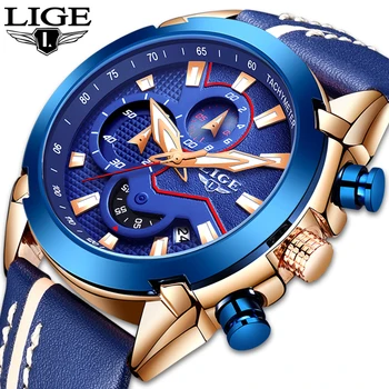 

Reloje 2019 LIGE Top Brand Men's Chronograph Analog Quartz Watch Date Luminous Waterproof Blue Leather Strap Wristswatch for Man