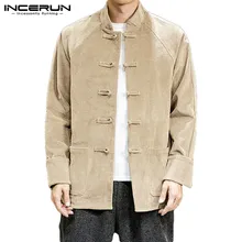 INCERUN, китайский стиль, мужская Вельветовая рубашка, свободная, одноцветная, на пуговицах, воротник-стойка, длинный рукав, уличная, повседневная, Camisa, Ретро стиль, рубашки для мужчин, 7