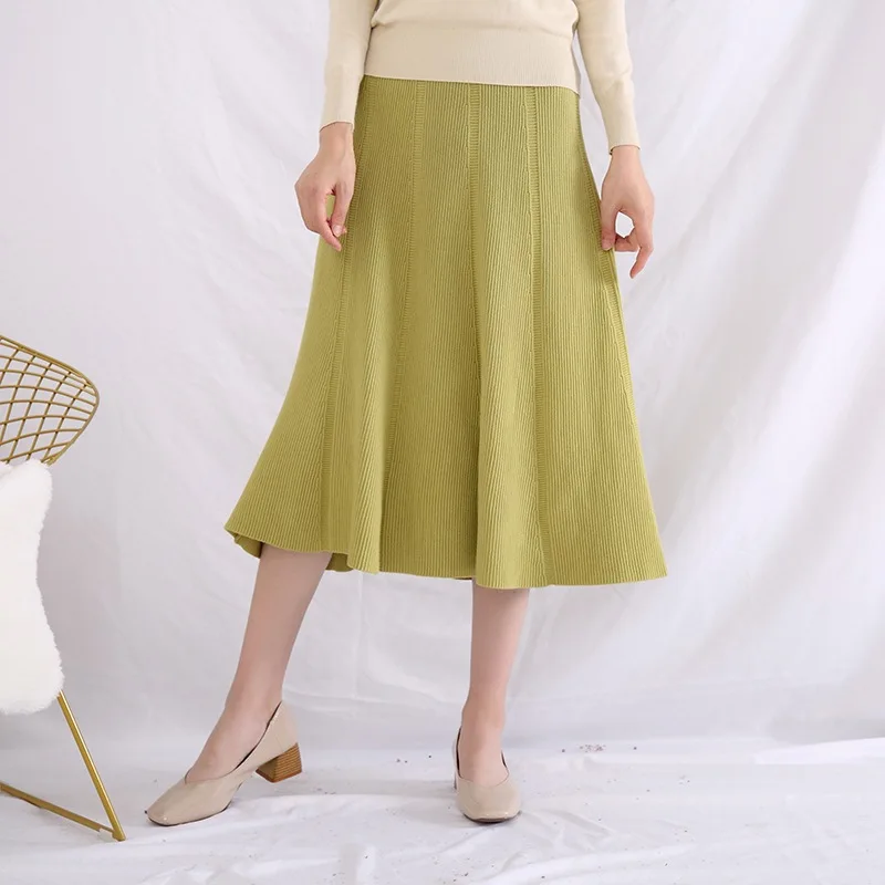 

19 Autumn And Winter New Style Women's Avocado Color Skirt Slimming High-waisted A- line Skirt Versatile Solid Color Knit Medium