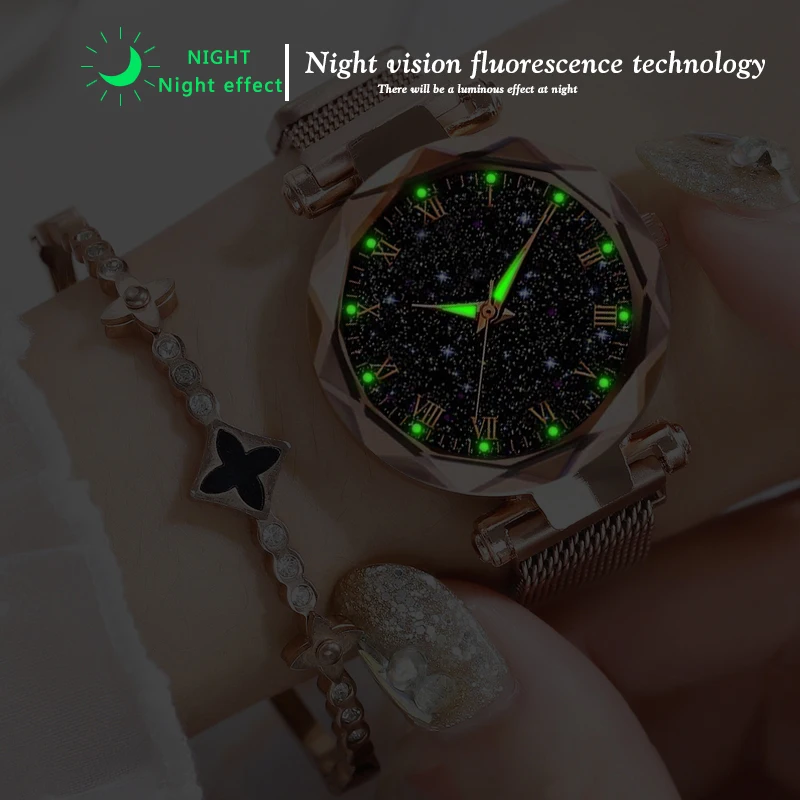 Relojes de pulsera de lujo con cielo estrellado para mujer, reloj de cuarzo con hebilla magnética, superficie geométrica, luminoso - Imagen 2