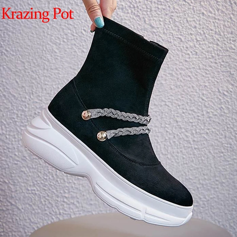 

Krazing pot gorgeous flock crystal zipper round toe metal chains thick bottom women punk British shiny bling mid-calf boots L53