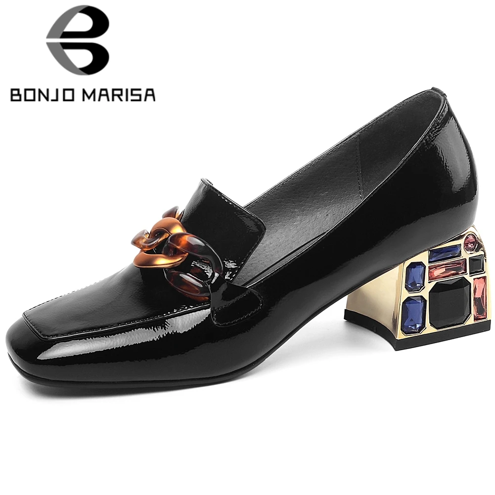 

BONJOMARISA Fashion Brand Lady Pumps Crystal Heel Square Heel Slip On Pumps Women Metal Shallow Spring Casual Shoes Woman