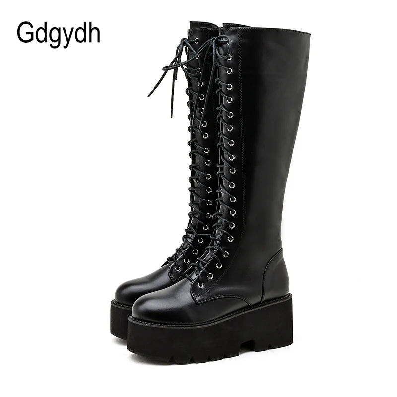Platform-Heels Long-Boots Chunky Punk Gdgydh Women Mujer Knee Fall Lace-Up Retro New