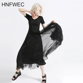

2019 New Spring Winter V-collar Short Sleeve Black Hem Irregular Mesh Stitch Loose Dress Women Fashion Tide Q751