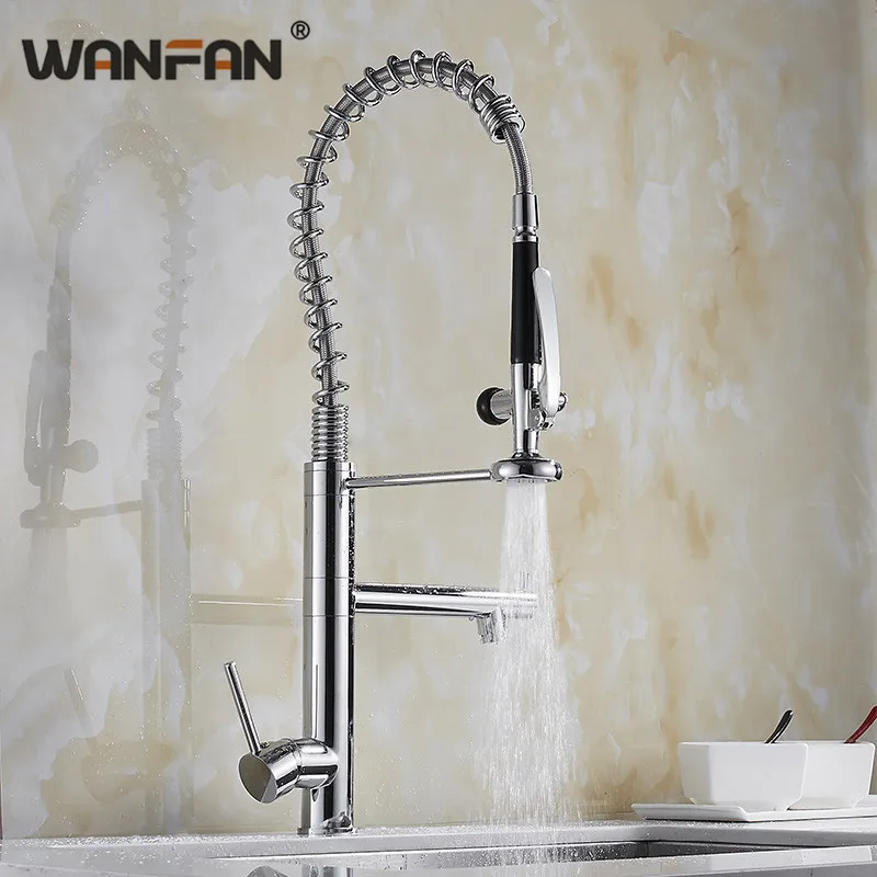 Kitchen Faucets Brush Brass Faucets for Kitchen Sink Single Lever Pull Out Spring Spout Mixers Tap Hot Cold Water Crane N22-156