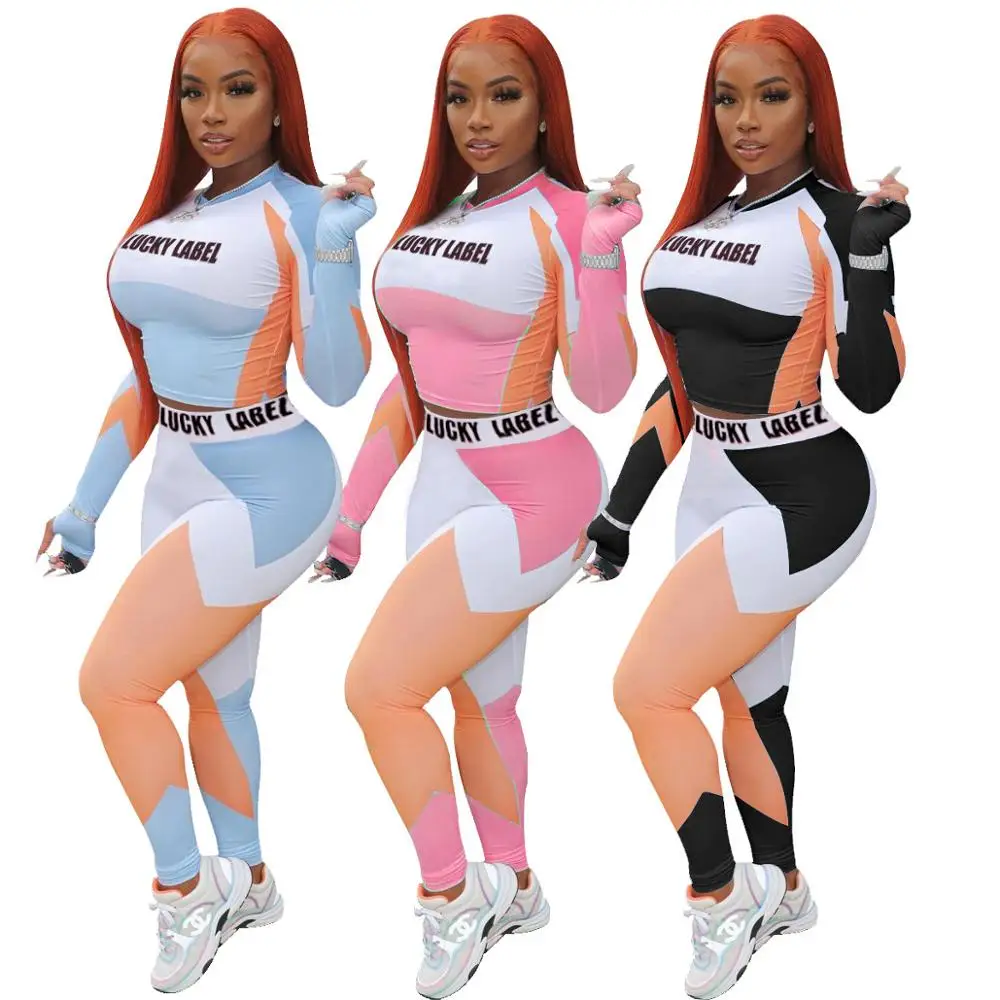 

Echoine Letter Print Color Patchwork Crop Top and Legging Pants Two Piece Set Tracksuit Women Sports Activewear Running Set