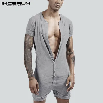 

INCERUN Fashion Men Pajamas Romper Homewear Solid Slim Sleepwear Jumpsuit Short Sleeve Button Mens Romper Pyjamas Playsuit S-5XL