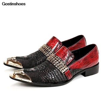 

Genuine Leather Men Loafers Crocodile Pattern Printed Fashion Men Leather Shoes Metal Capped Toe Banded Chain Men Shoes 37
