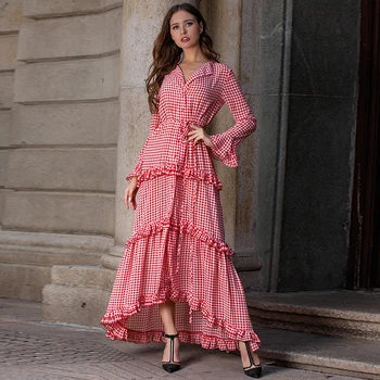 

Boho Red Plaid Maxi Dress Women Turn Down Collar Double Layer Flare Sleeve Long Dresses Ruffles Trim Sash Irregular Shirt Dress