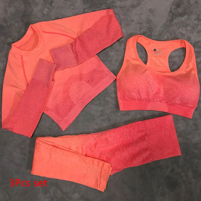 Женский бесшовный комплект для йоги из 3 предметов, леггинсы с высокой талией+ спортивный бюстгальтер+ топ с длинными рукавами для фитнеса, женская одежда для фитнеса и спортзала - Цвет: Orange 3Pcs Set