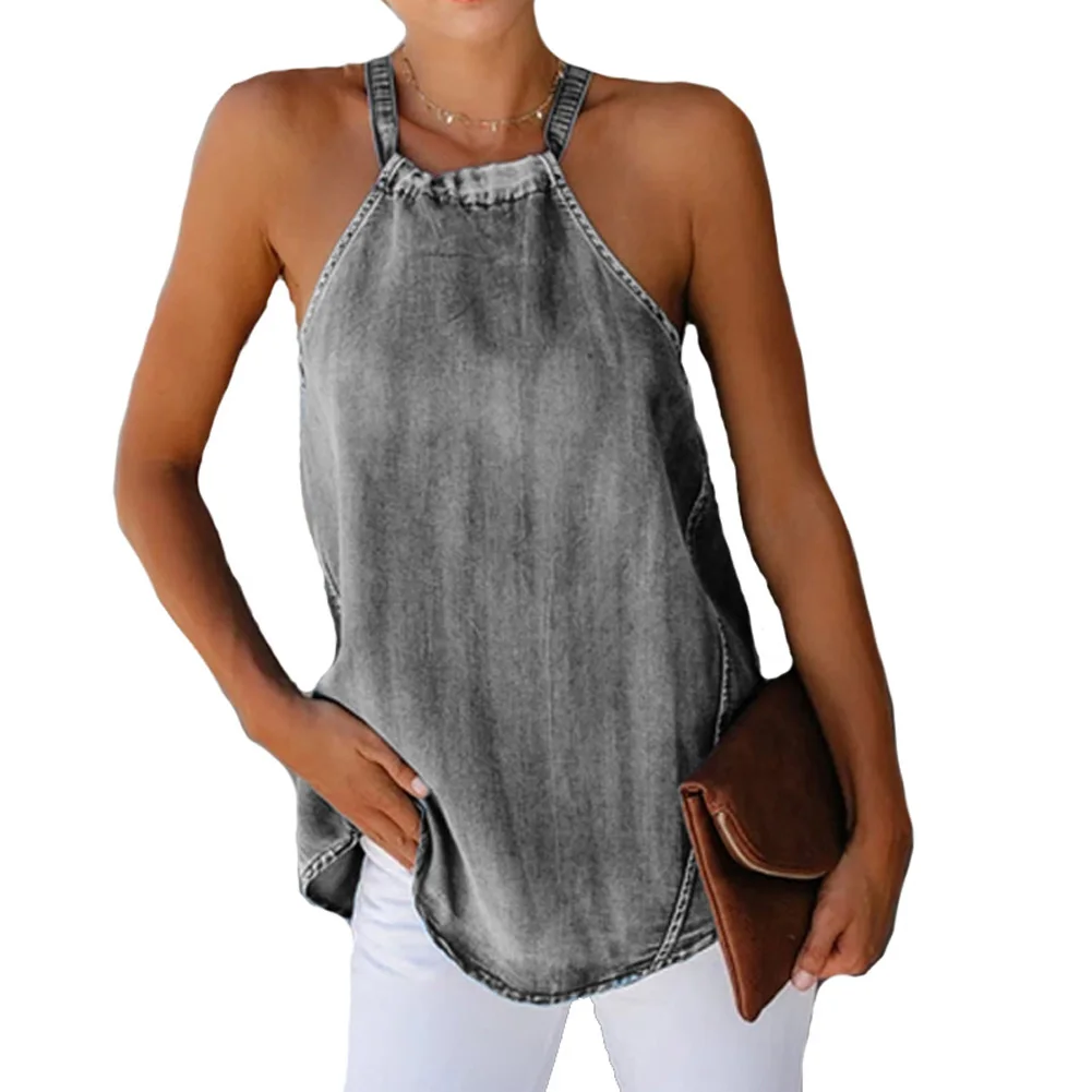 Women's Sexy Halter Denim Vest Fashion Off-shoulder Solid Color Backless Lace up Bottoming Tank Top Casual Female Camis | Женская